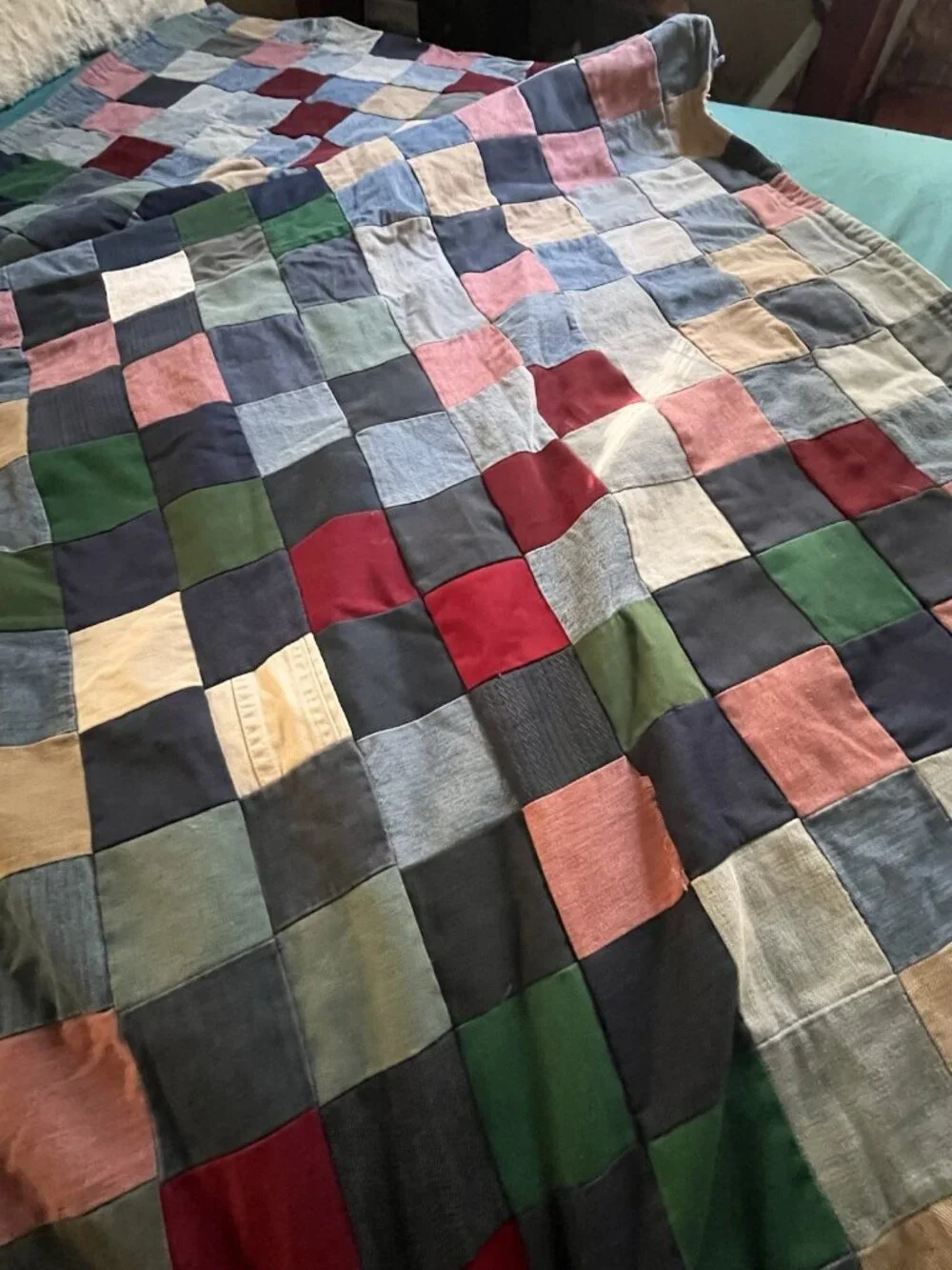 Unfinished Quilt Top Handmade Patchwork Denim Cutter Fixer Distressed 74”x60”